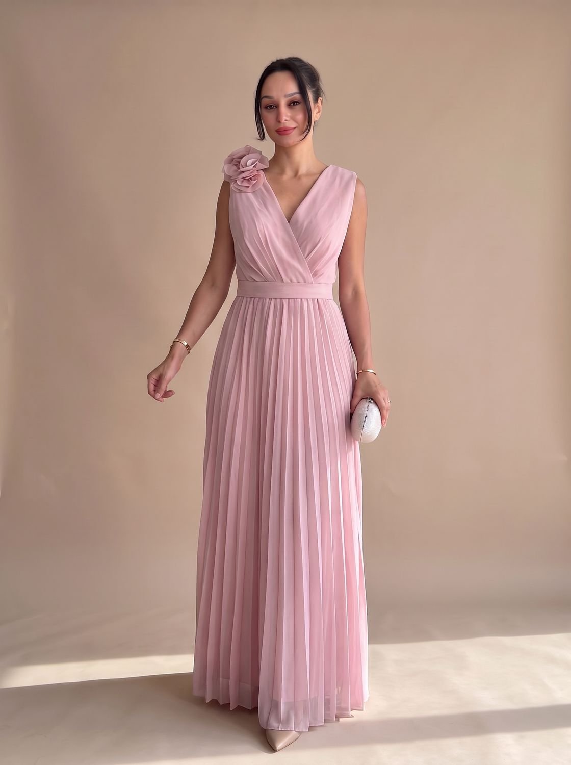 Women's Pleated V-Neck Floral Applique Sleeveless Evening Gown - Rose Red