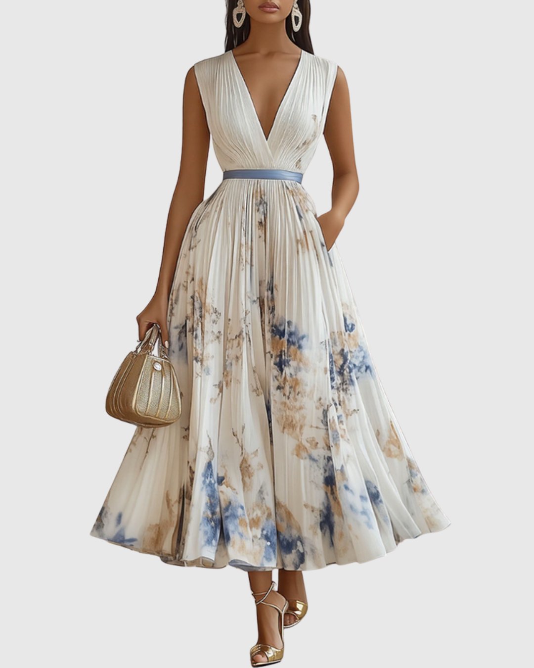 Women's Pleated V-Neck Floral Midi Maxi Dresses Ribbon-Waist - White