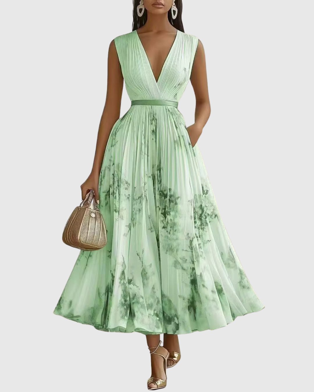 Women's Pleated V-Neck Floral Midi Maxi Dresses Ribbon-Waist - Green