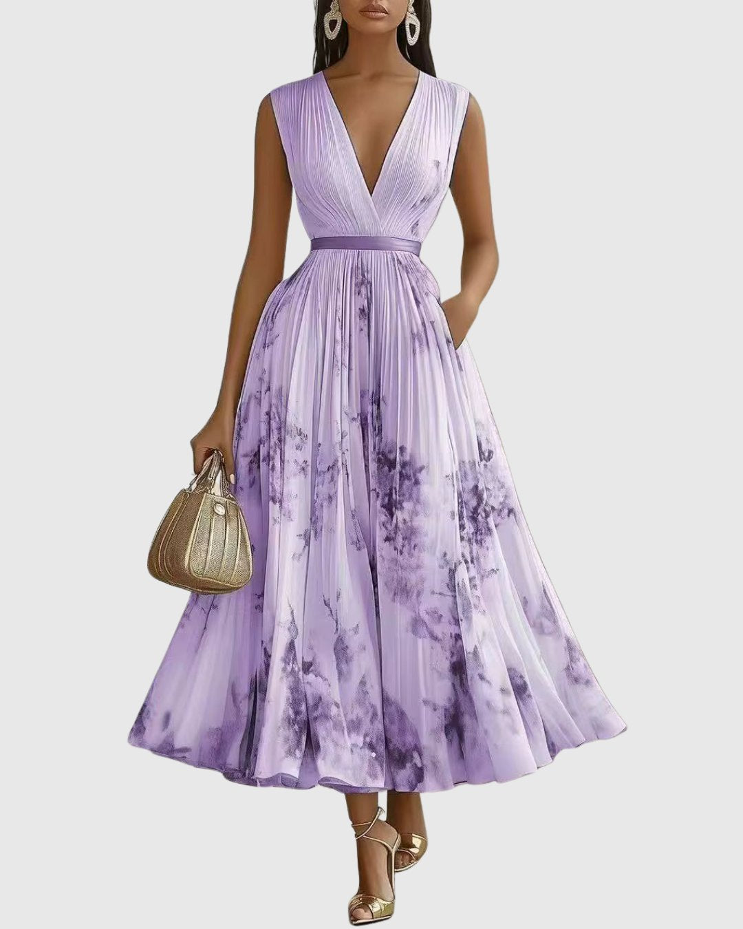 Women's Pleated V-Neck Floral Midi Maxi Dresses Ribbon-Waist - Purple