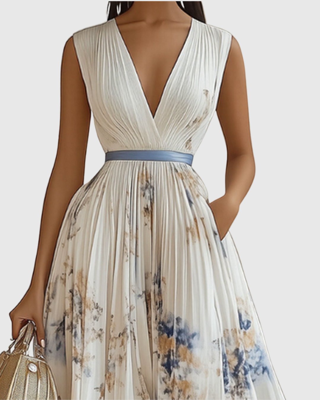 Women's Pleated V-Neck Floral Midi Maxi Dresses Ribbon-Waist