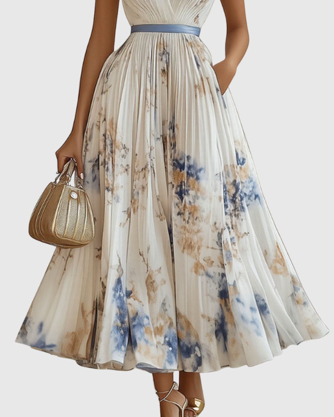 Women's Pleated V-Neck Floral Midi Maxi Dresses Ribbon-Waist