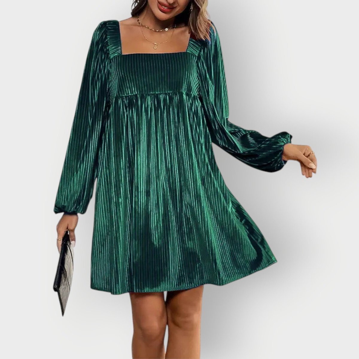 Women's Pleated Velvet Square-Neck Formal & Evening Dress - Dark Green
