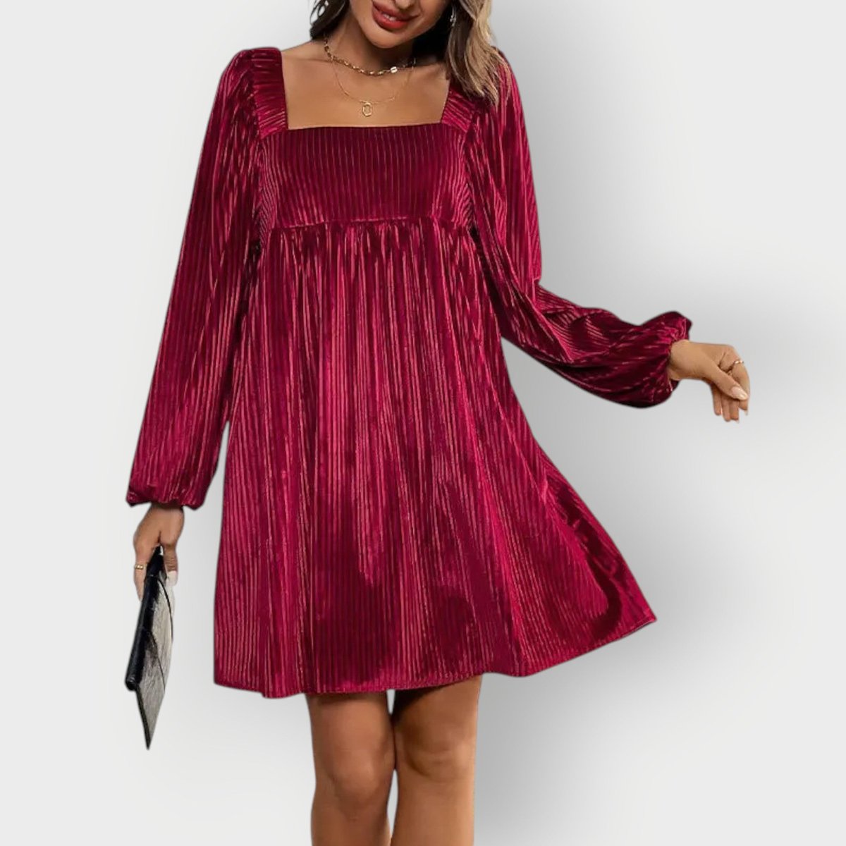 Women's Pleated Velvet Square-Neck Formal & Evening Dress - Wine Red