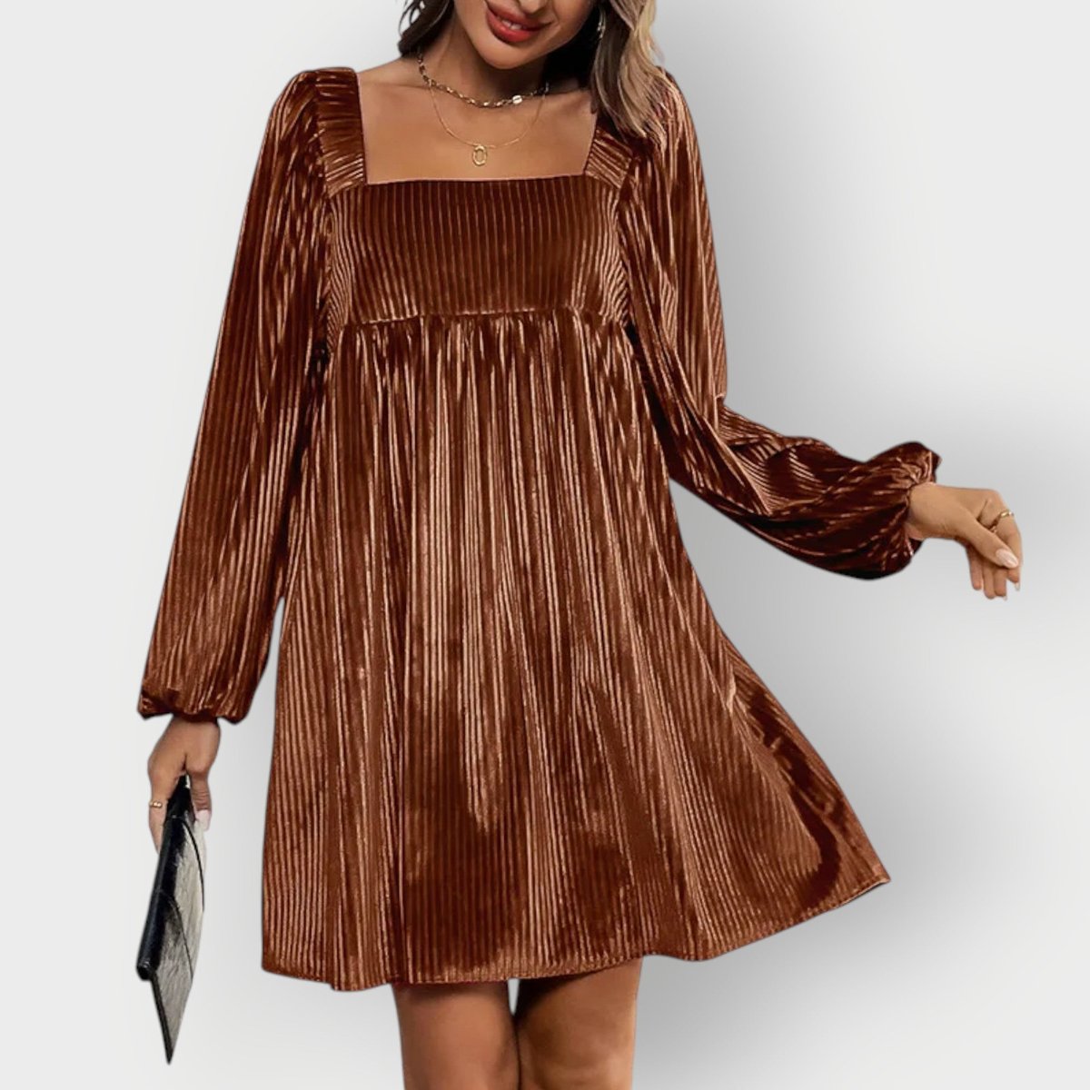 Women's Pleated Velvet Square-Neck Formal & Evening Dress - Brown