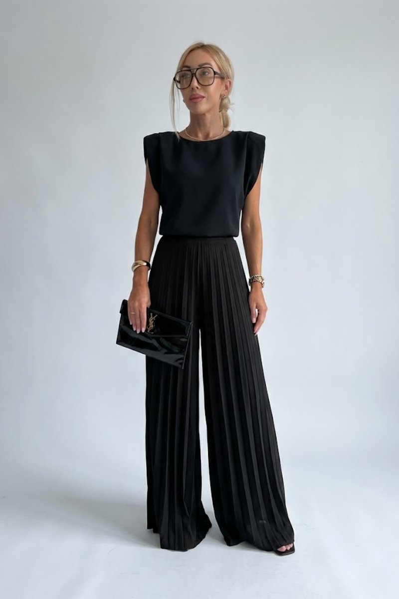Women's Pleated Wide-Leg Sleeveless Summer Dress Jumpsuit - Black