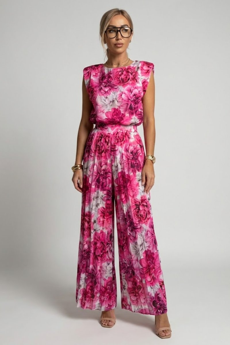 Women's Pleated Wide-Leg Sleeveless Summer Dress Jumpsuit - Pink