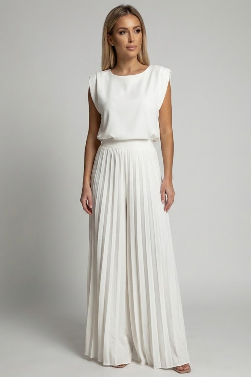 Women's Pleated Wide-Leg Sleeveless Summer Dress Jumpsuit - White