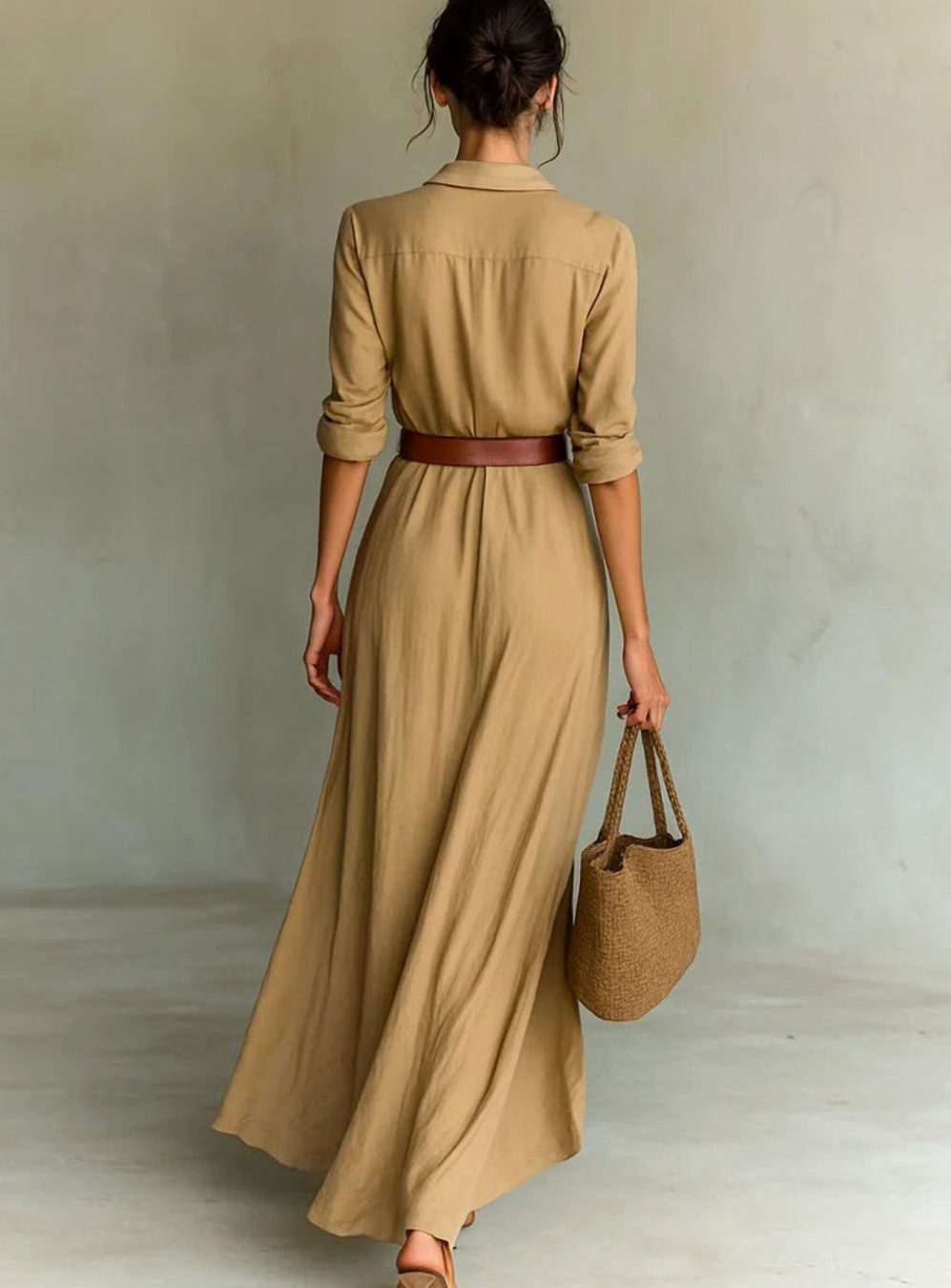 Women's Plunge V-Neck Belted Long-Sleeve Shirt Maxi Dress
