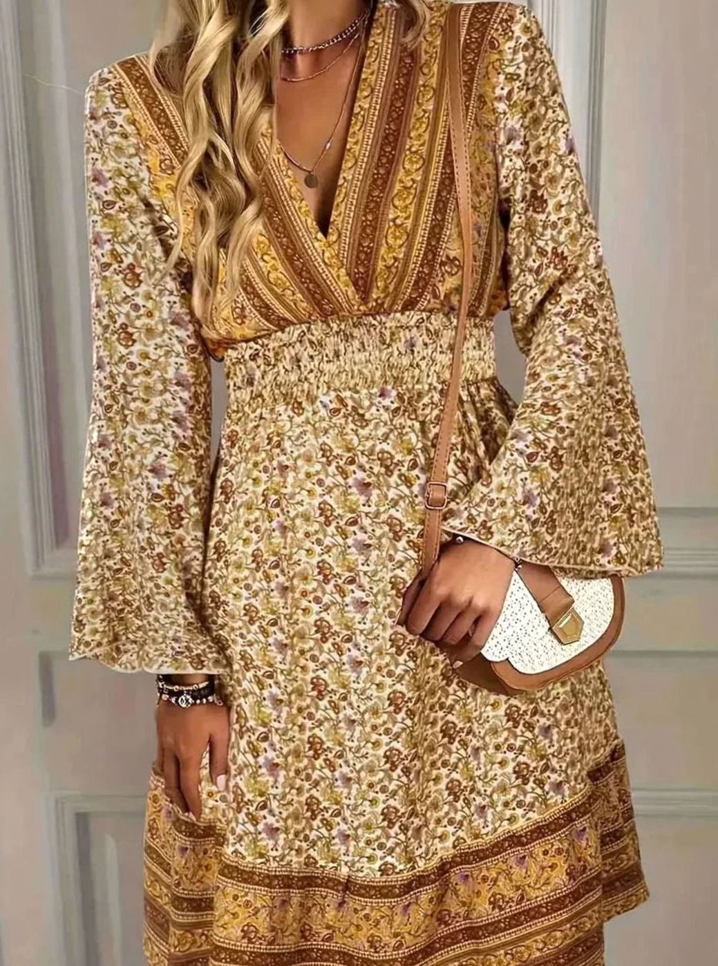 Women's Plus Size Boho Mini Dress Bell Sleeve V-Neck Gold Print