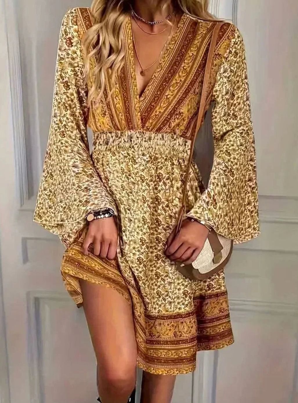 Women's Plus Size Boho Mini Dress Bell Sleeve V-Neck Gold Print