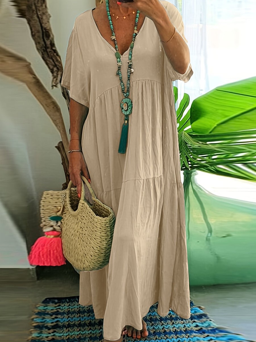 Women's Plus Size Tiered V Neck Dress Short Sleeve Maxi - Khaki