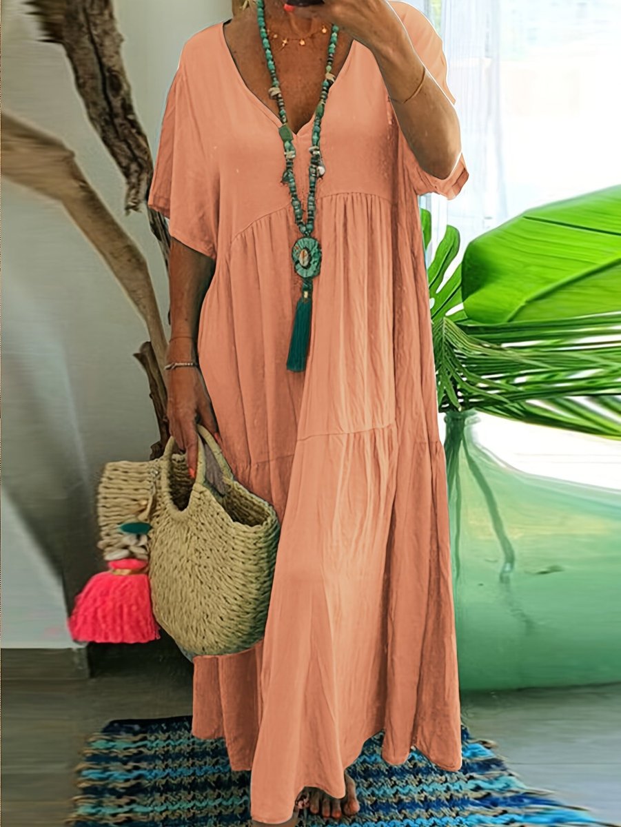 Women's Plus Size Tiered V Neck Dress Short Sleeve Maxi - Orange