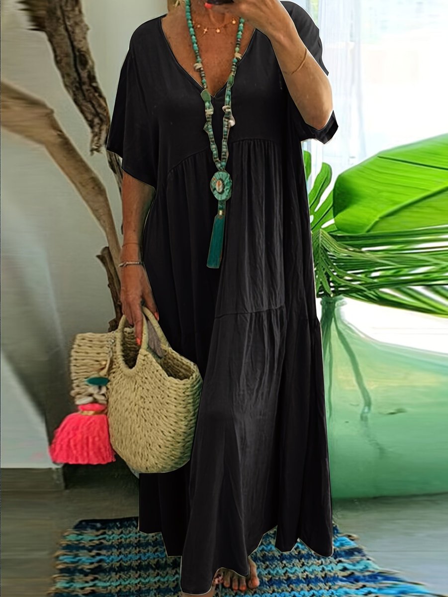 Women's Plus Size Tiered V Neck Dress Short Sleeve Maxi - Black