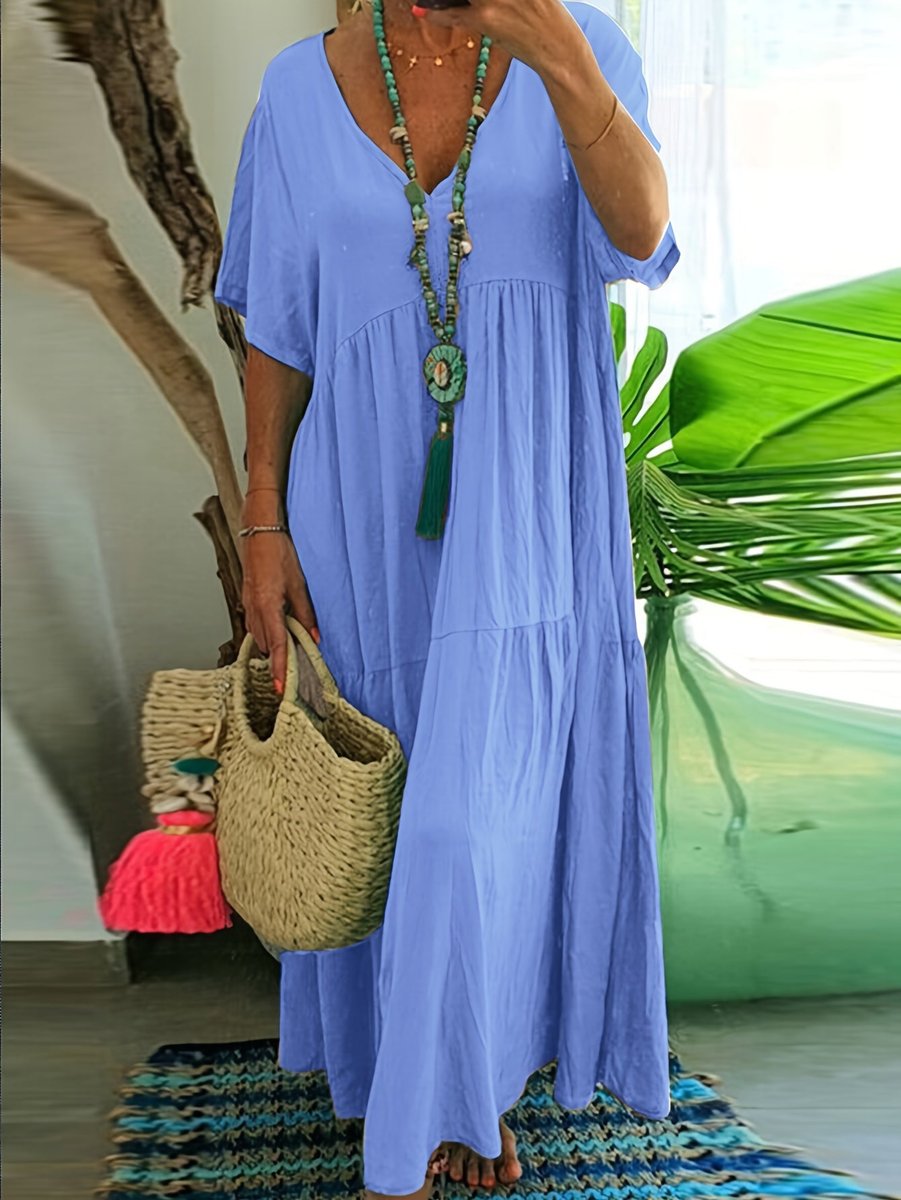 Women's Plus Size Tiered V Neck Dress Short Sleeve Maxi - Blue