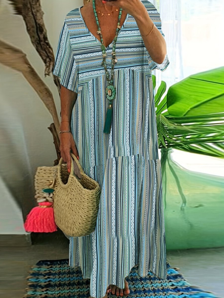 Women's Plus Size Tiered V Neck Dress Short Sleeve Maxi