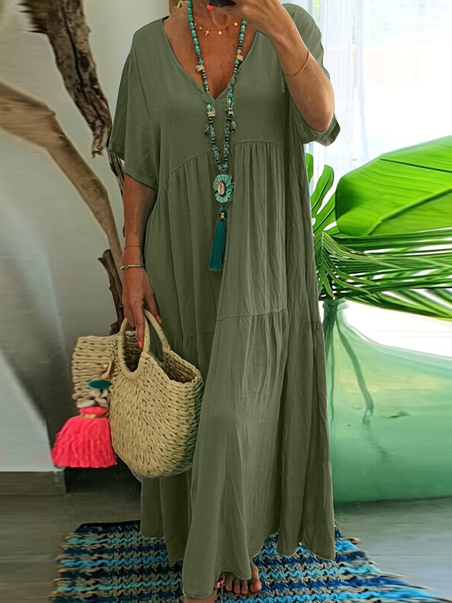 Women's Plus Size Tiered V Neck Dress Short Sleeve Maxi - Green