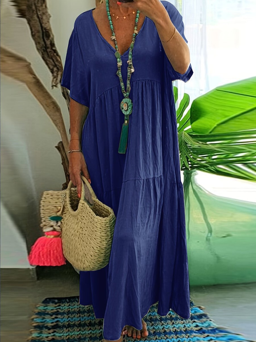 Women's Plus Size Tiered V Neck Dress Short Sleeve Maxi - Navy Blue