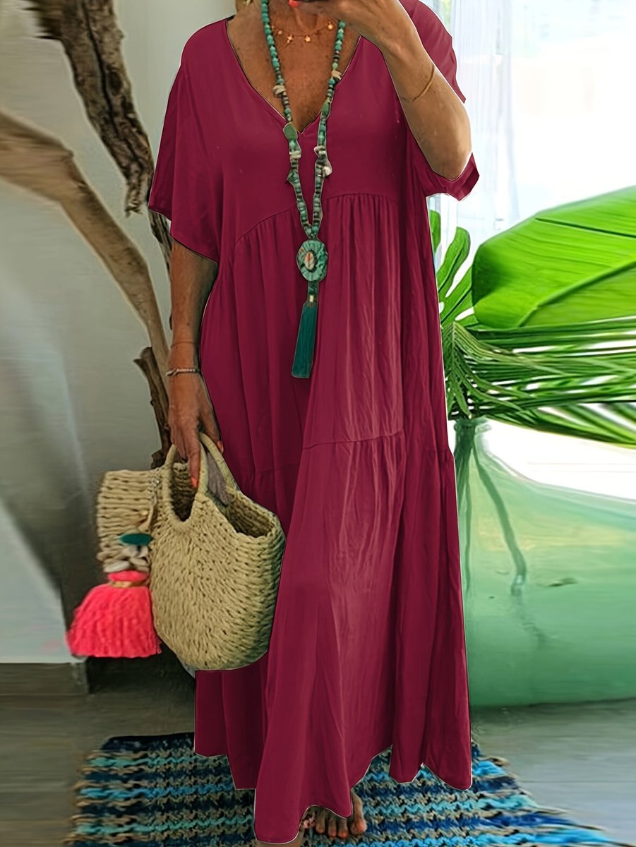 Women's Plus Size Tiered V Neck Dress Short Sleeve Maxi - Red