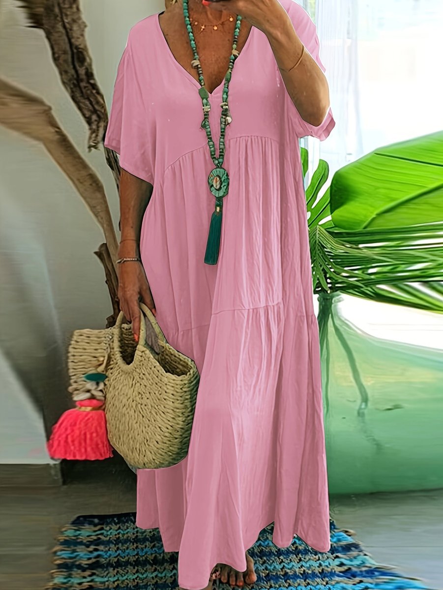 Women's Plus Size Tiered V Neck Dress Short Sleeve Maxi - Pink