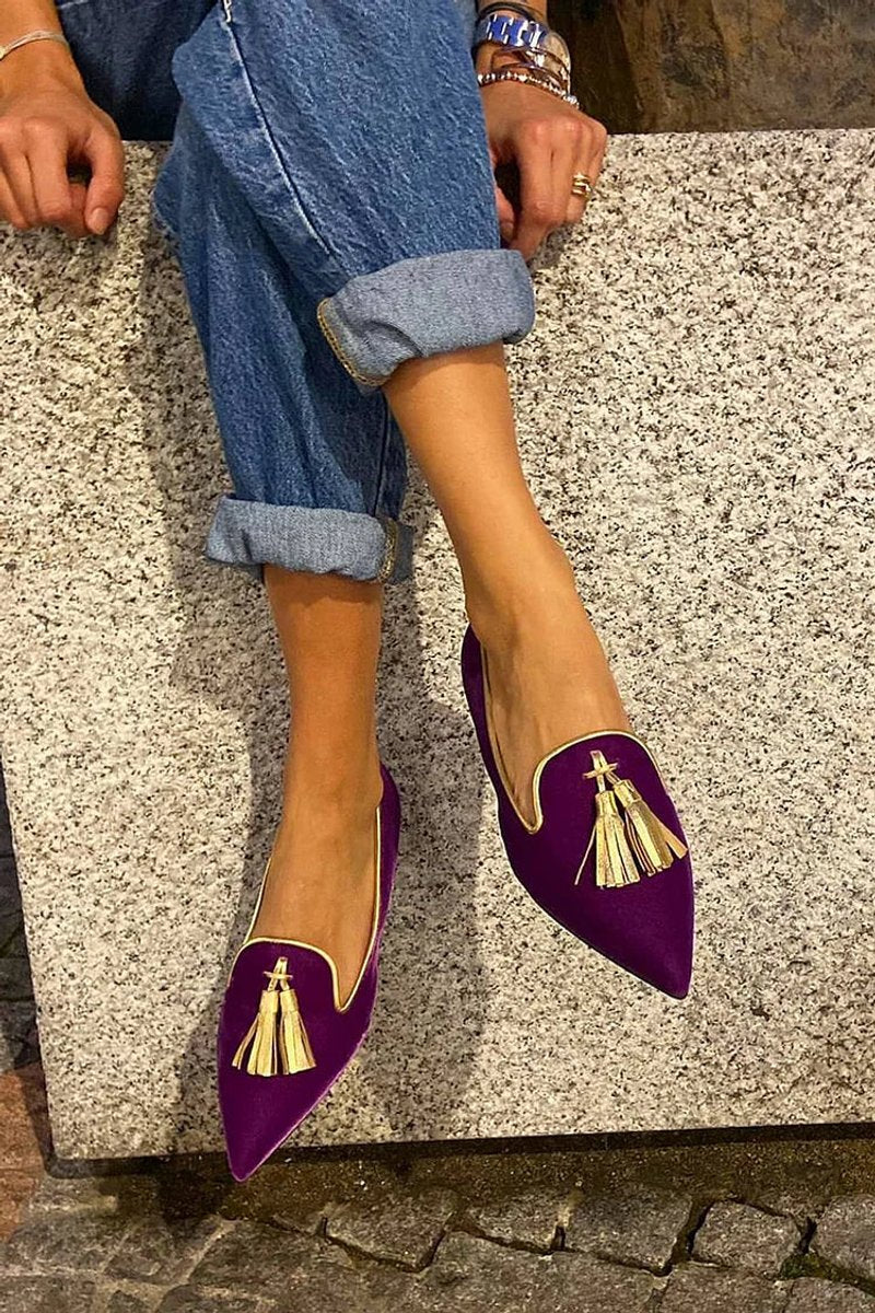 Women's Pointed-Toe Gold Tassel Suede Loafers