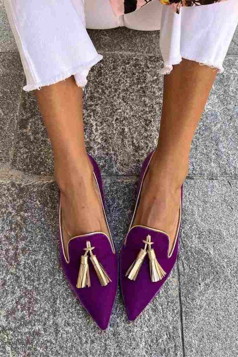Women's Pointed-Toe Gold Tassel Suede Loafers