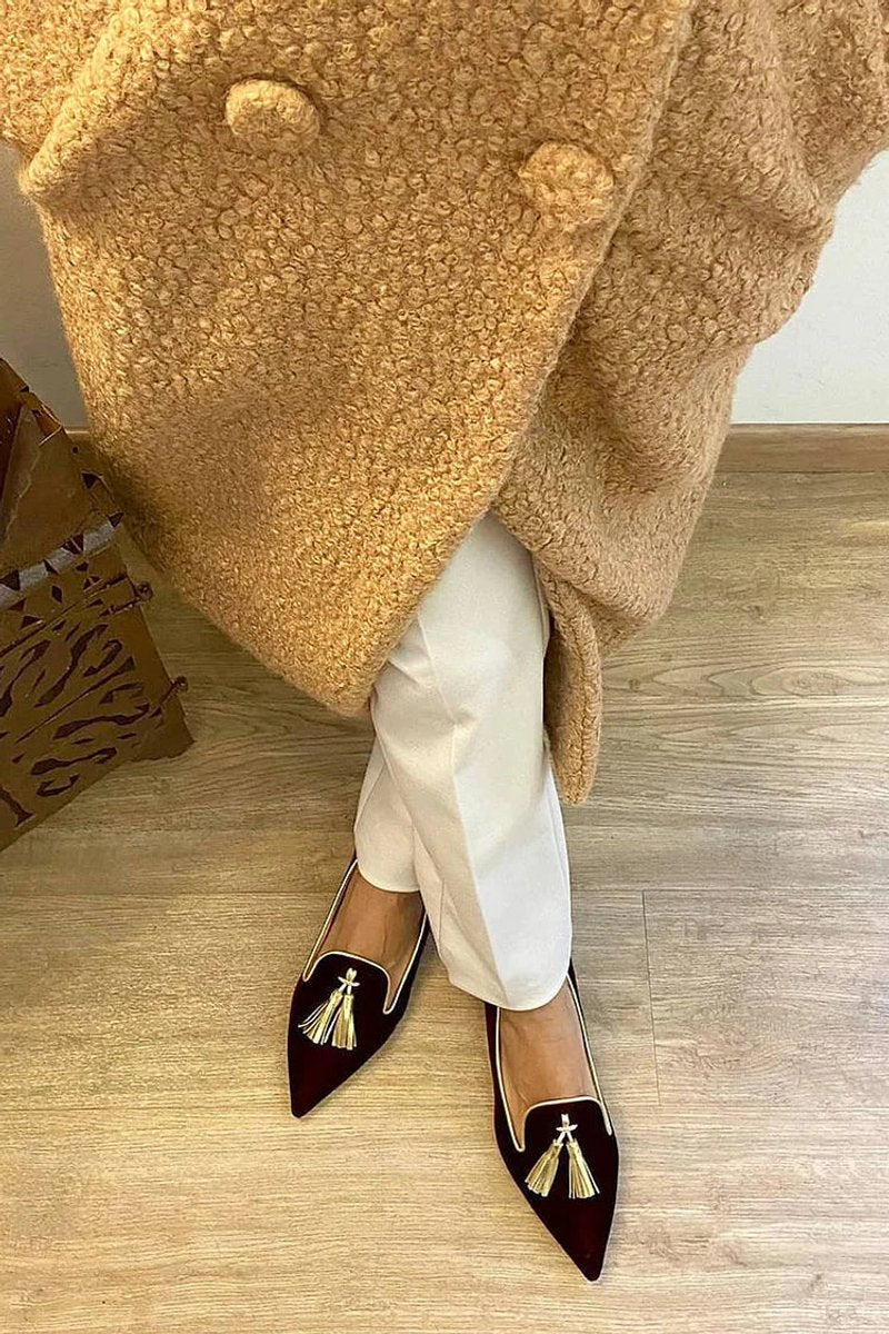 Women's Pointed-Toe Gold Tassel Suede Loafers - Black