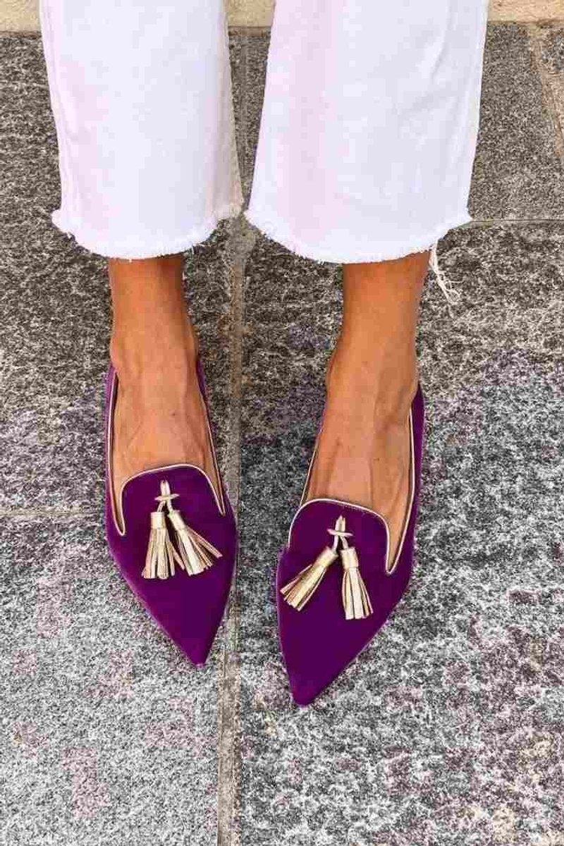 Women's Pointed-Toe Gold Tassel Suede Loafers - Purple