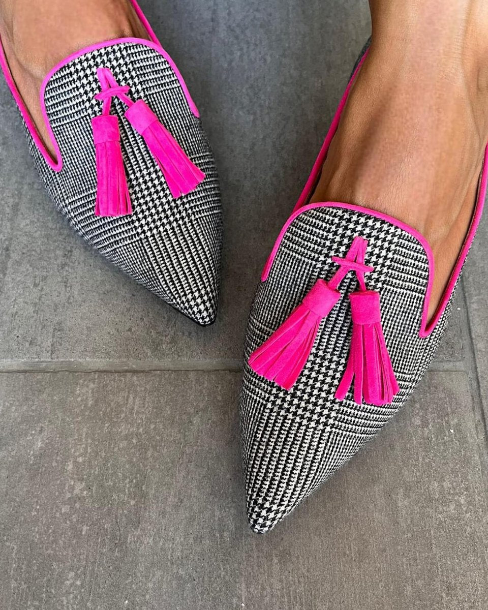 Women's Pointed-Toe Prince of Wales Tassel Mule Loafers