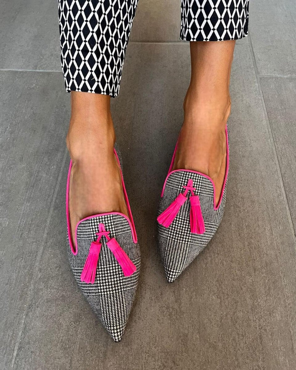 Women's Pointed-Toe Prince of Wales Tassel Mule Loafers