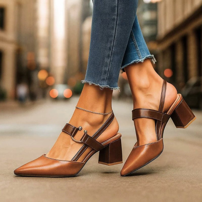 Women's Pointed Toe T-Strap Block Heels - Brown