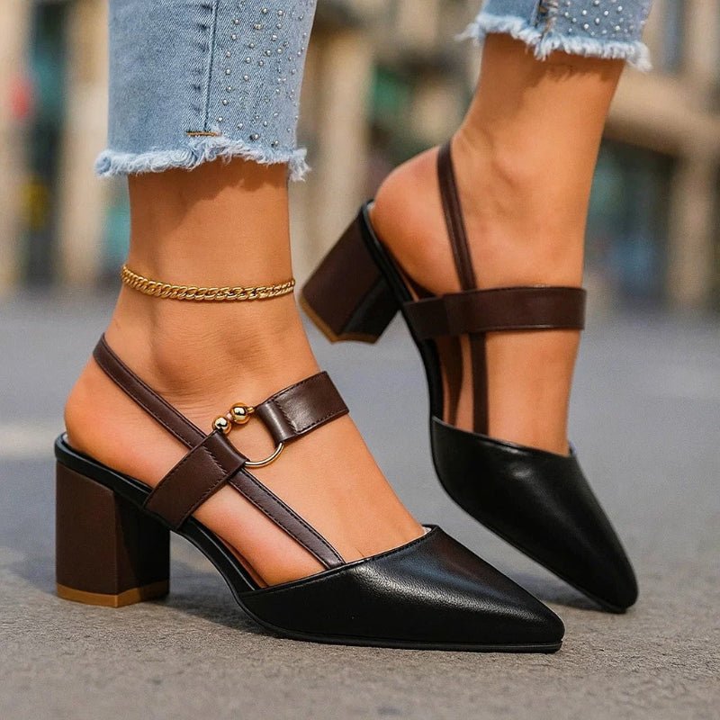 Women's Pointed Toe T-Strap Block Heels - Black