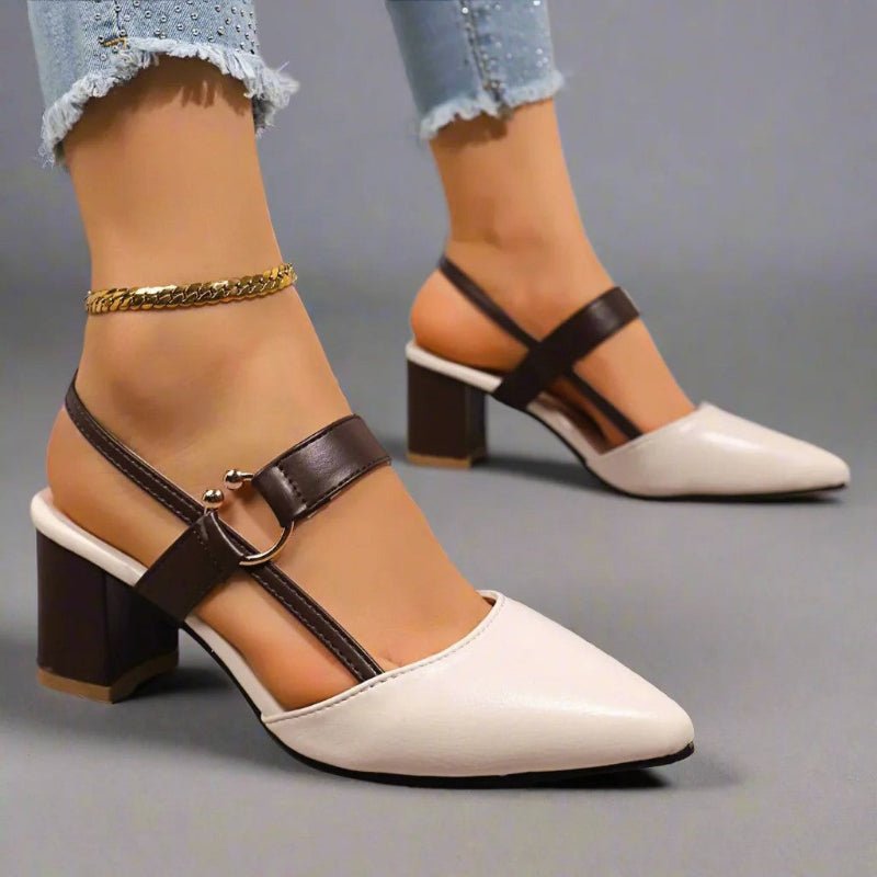 Women's Pointed Toe T-Strap Block Heels - Beige