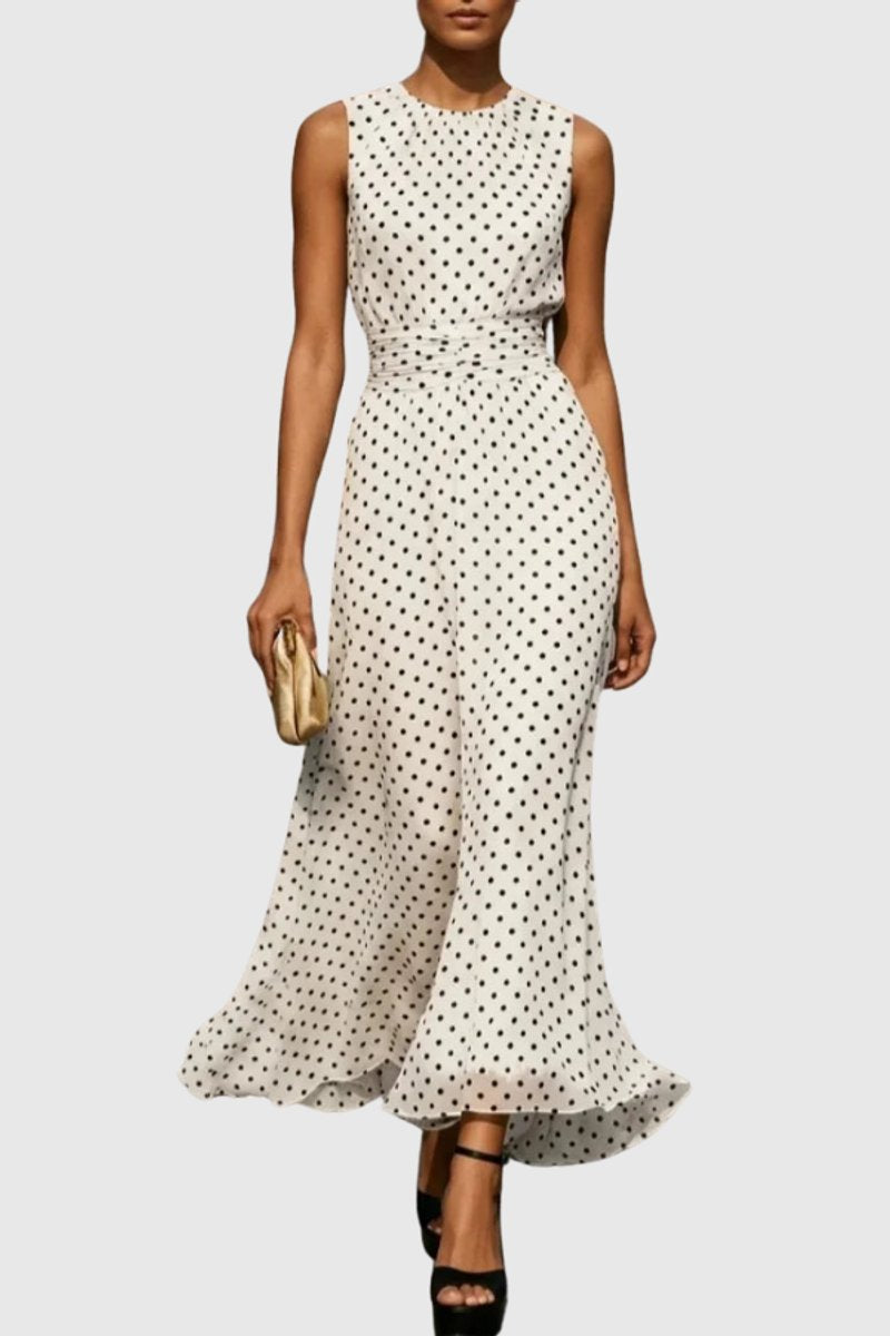 Women's Polka Dot Sleeveless Ruffle-Hem Evening Gown Maxi Dress - White