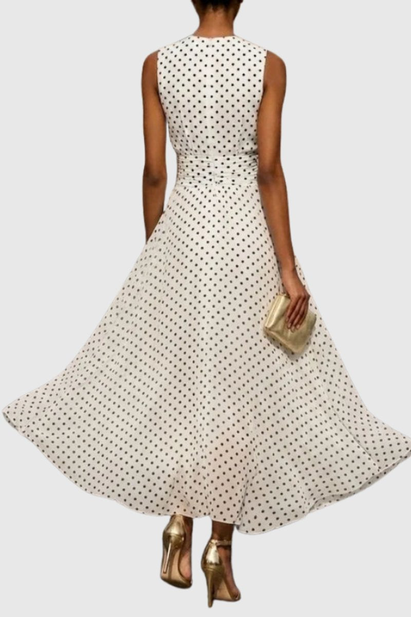 Women's Polka Dot Sleeveless Ruffle-Hem Evening Gown Maxi Dress