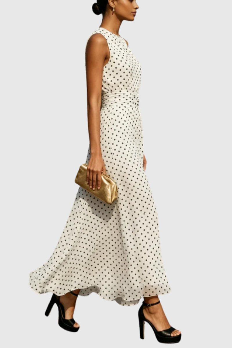 Women's Polka Dot Sleeveless Ruffle-Hem Evening Gown Maxi Dress