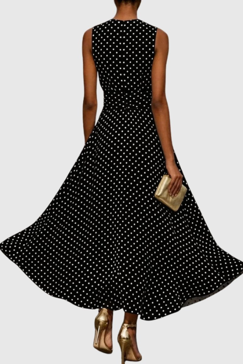 Women's Polka Dot Sleeveless Ruffle-Hem Evening Gown Maxi Dress