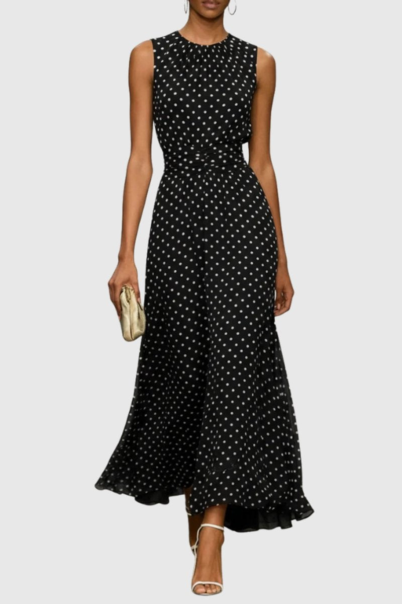 Women's Polka Dot Sleeveless Ruffle-Hem Evening Gown Maxi Dress - Black
