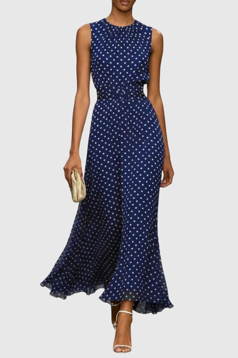 Women's Polka Dot Sleeveless Ruffle-Hem Evening Gown Maxi Dress - Blue