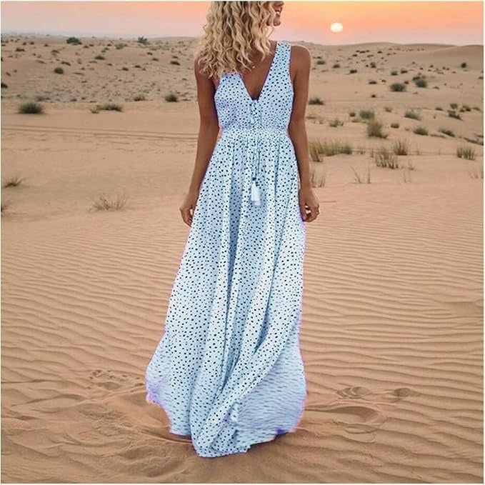 Women's Polka Dot Sleeveless V-Neck Maxi Dresses Flowing Boho - Sky Blue