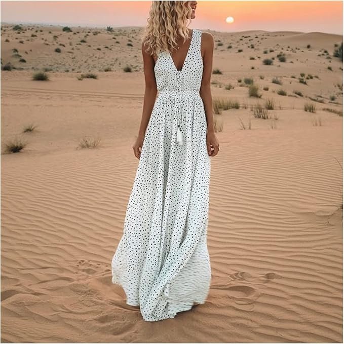 Women's Polka Dot Sleeveless V-Neck Maxi Dresses Flowing Boho - White
