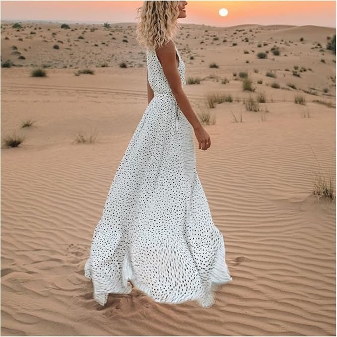Women's Polka Dot Sleeveless V-Neck Maxi Dresses Flowing Boho