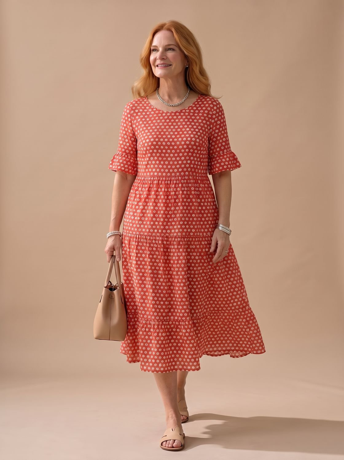 Women's Polka Dot Tiered Short Sleeve Midi Dress