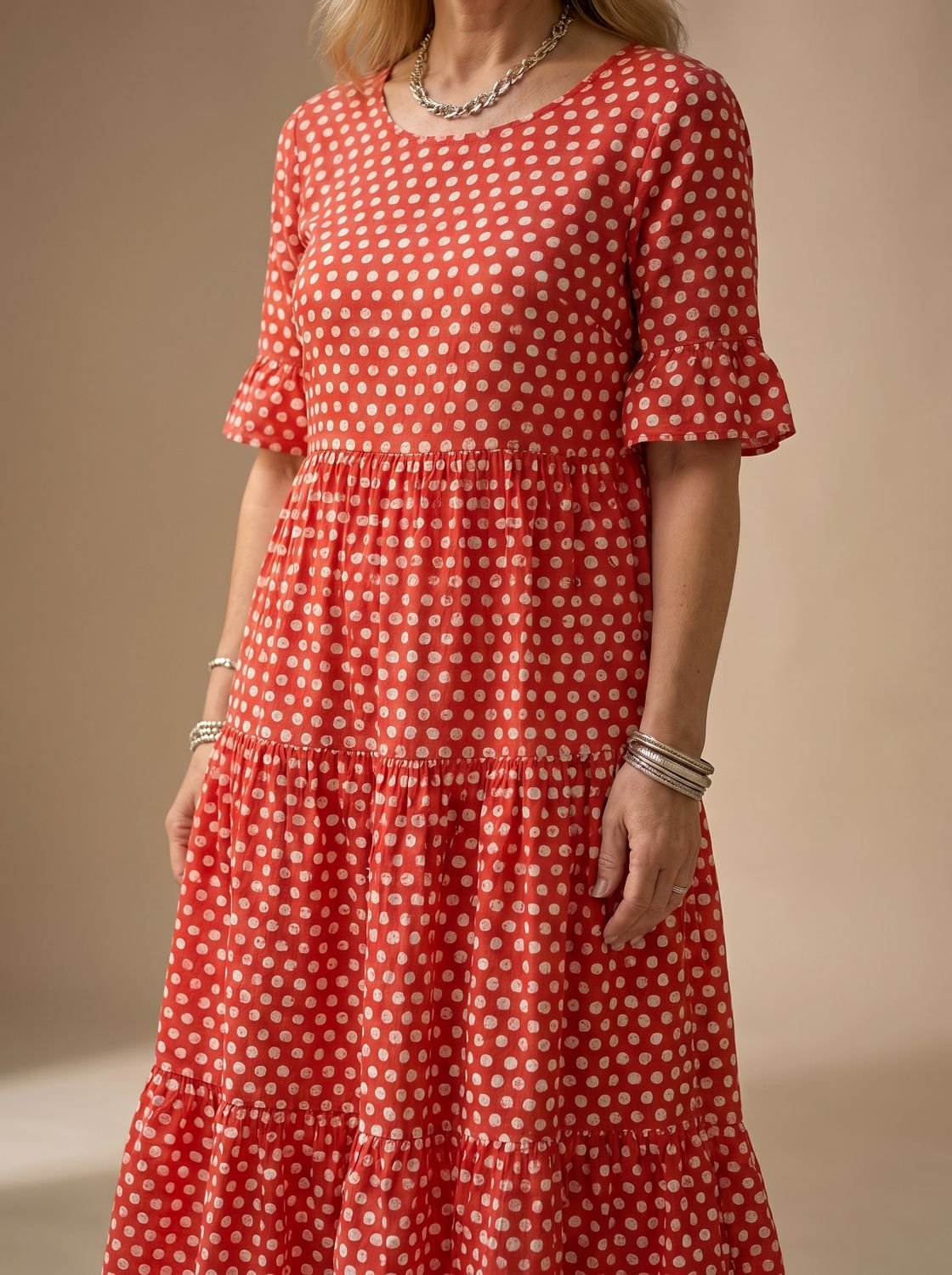 Women's Polka Dot Tiered Short Sleeve Midi Dress