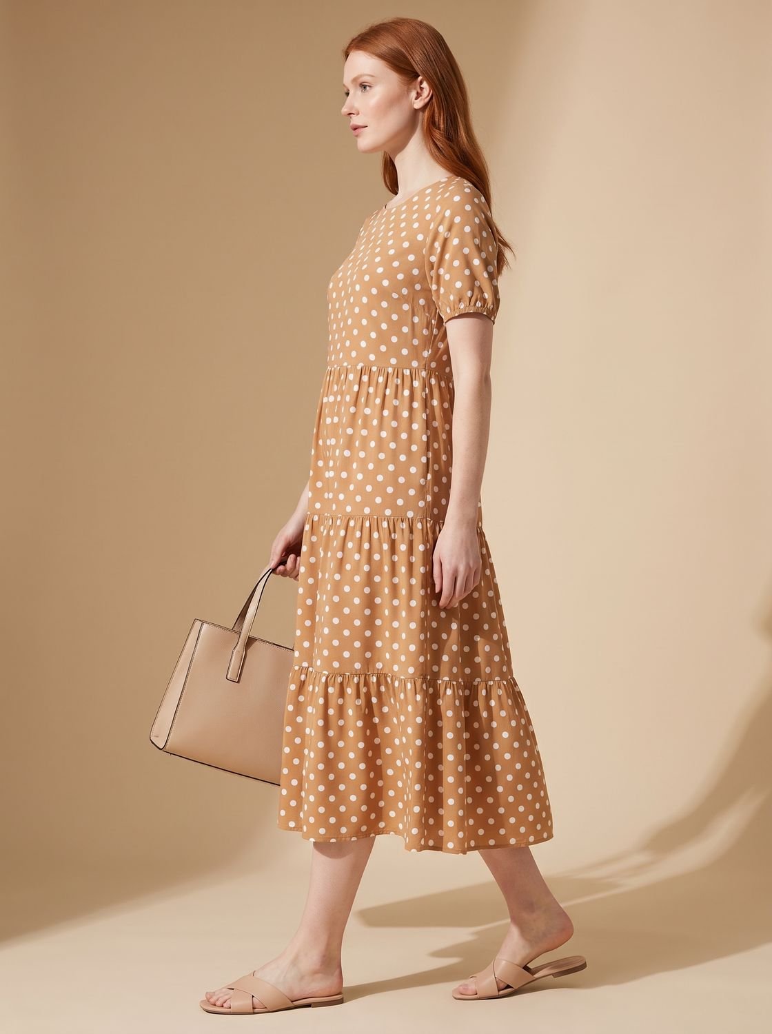 Women's Polka Dot Tiered Short Sleeve Midi Dress