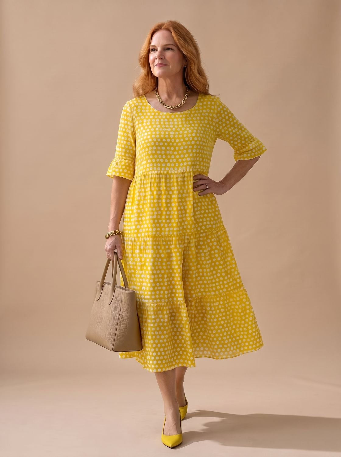 Women's Polka Dot Tiered Short Sleeve Midi Dress - Yellow
