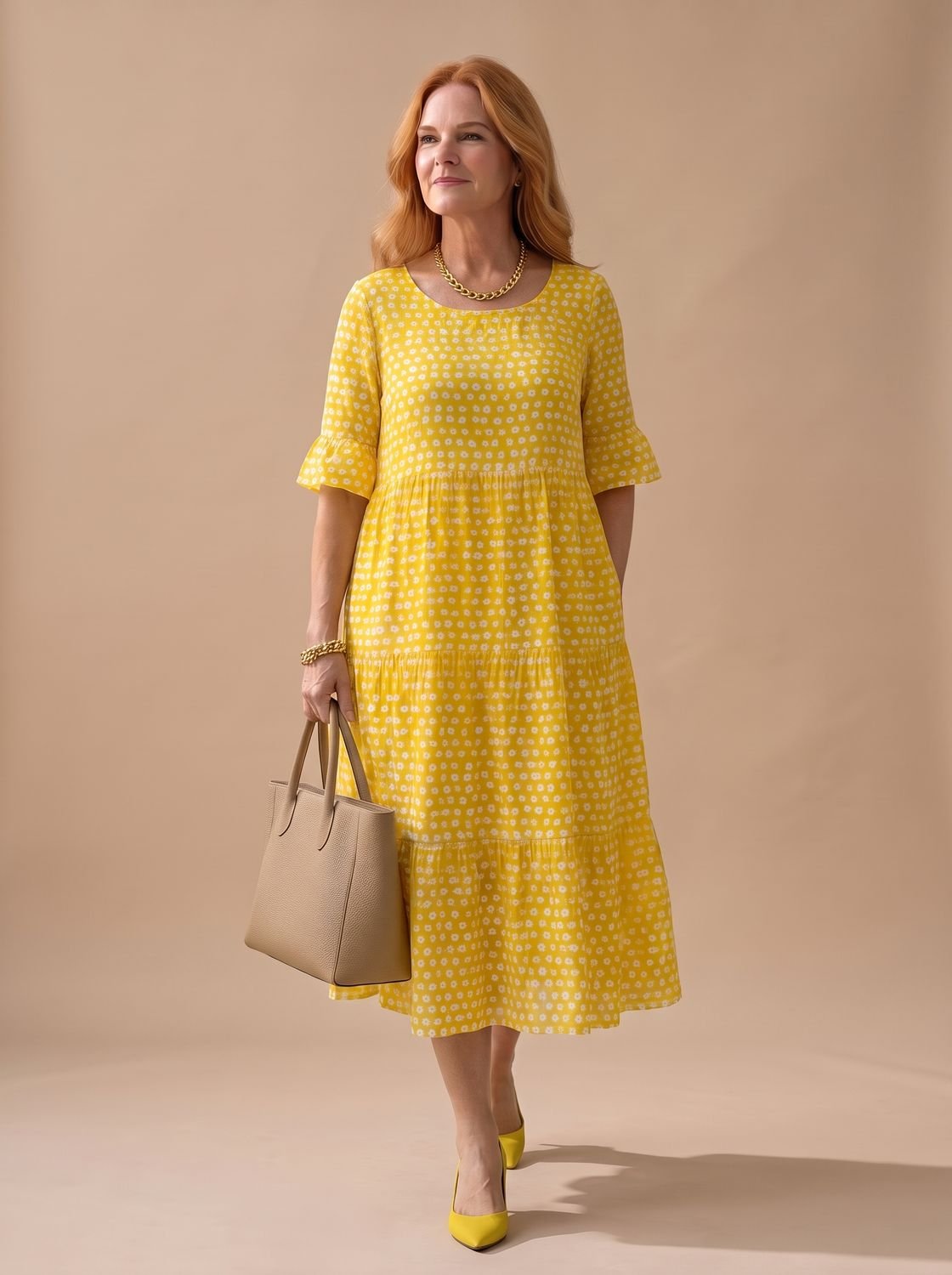 Women's Polka Dot Tiered Short Sleeve Midi Dress