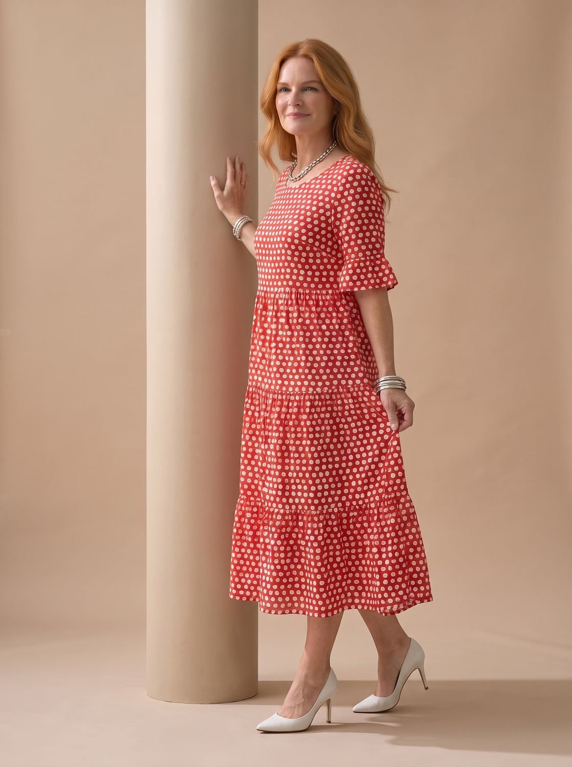 Women's Polka Dot Tiered Short Sleeve Midi Dress - Red