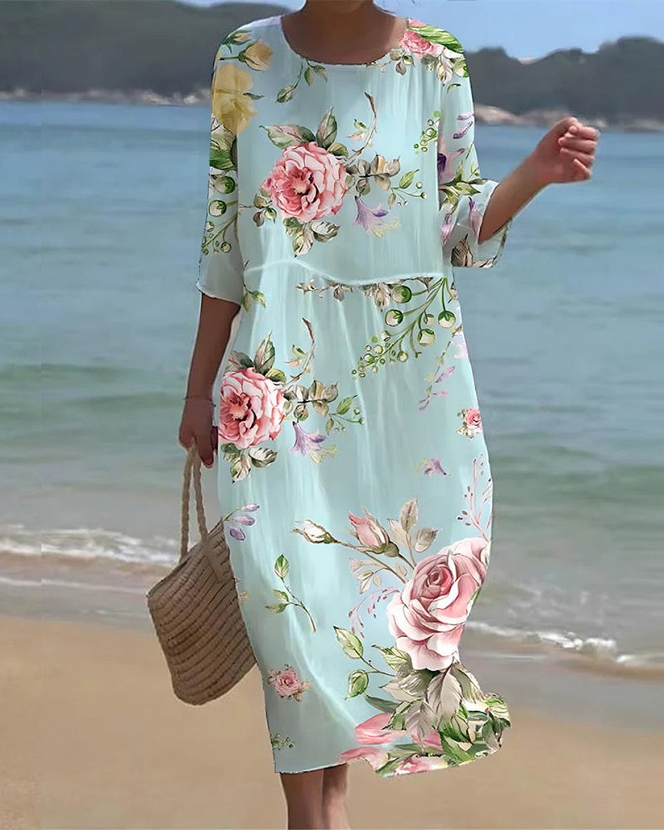 Women's Printed Midi Floral Summer Dress Relaxed Fit - Blue