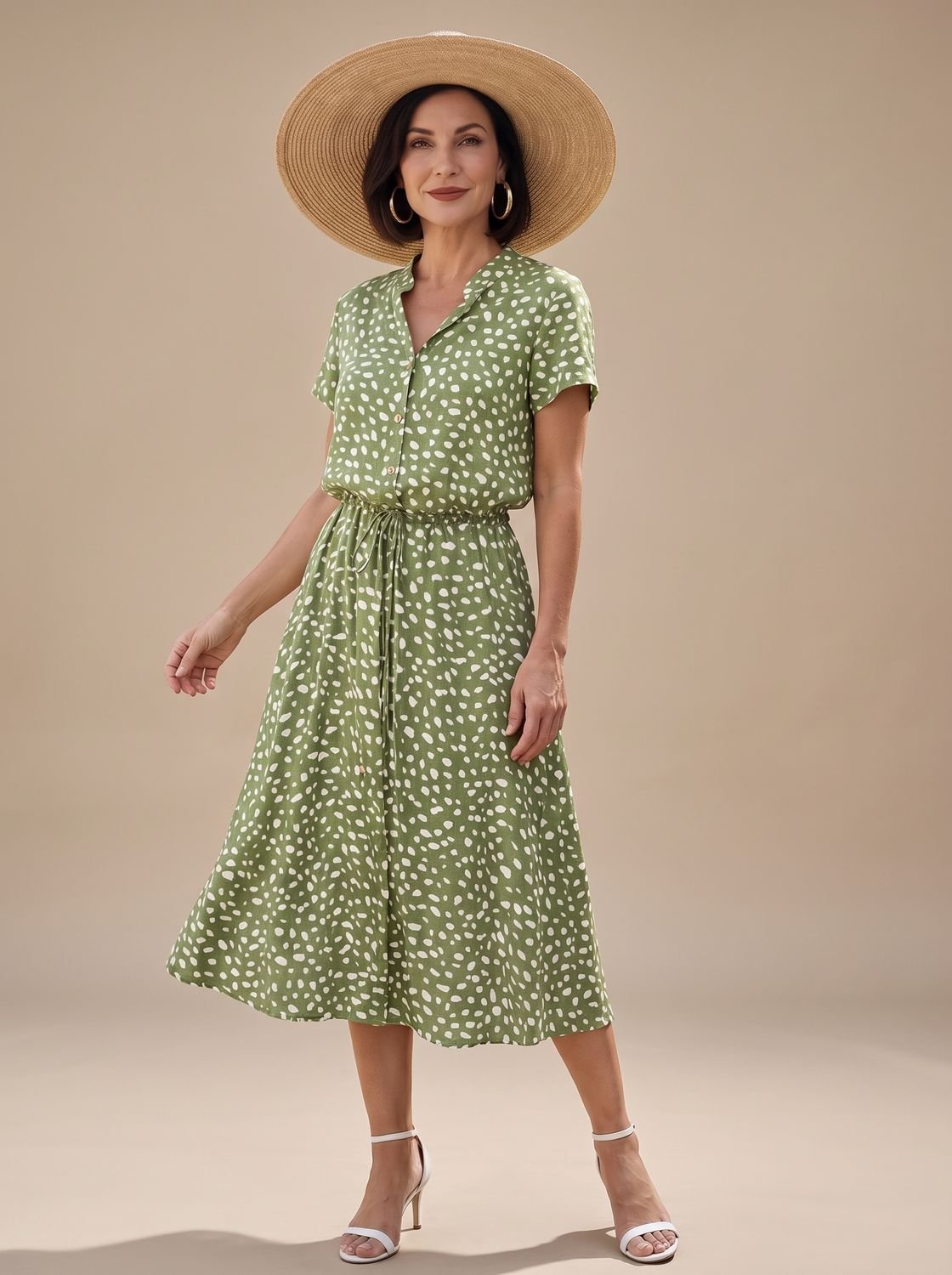 Women's Printed Short-Sleeve Button-Front Belted Midi Dress - Green